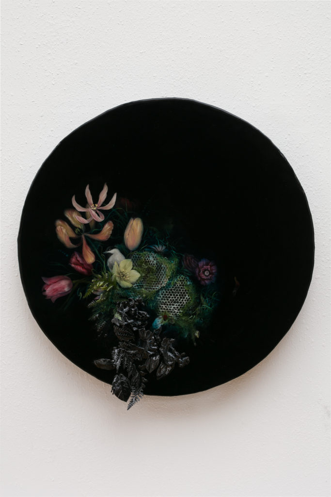 Regan 6 Jardin De Mousse (Moss Garden) 3D resin painting (30+ layers). Paint, resin, wasp nest, black widow spider, squirrel bones, mylar, various reclaimed plastics, silk, wood. 30 x 30 x 4 inches. 2019.