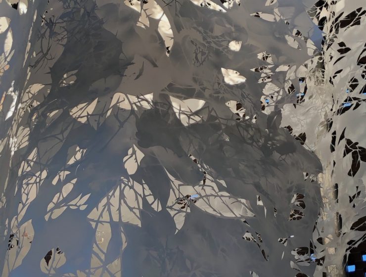 Ever Falling Forest. Steel, hardware, handcut/lasercut mylar, paint. 20 x 8 x 8 feet. 2020. Permanent collection of S*Park Living Community.