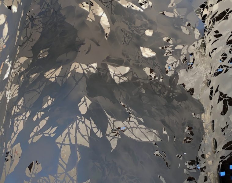 Ever Falling Forest. Steel, hardware, handcut/lasercut mylar, paint. 20 x 8 x 8 feet. 2020. Permanent collection of S*Park Living Community.