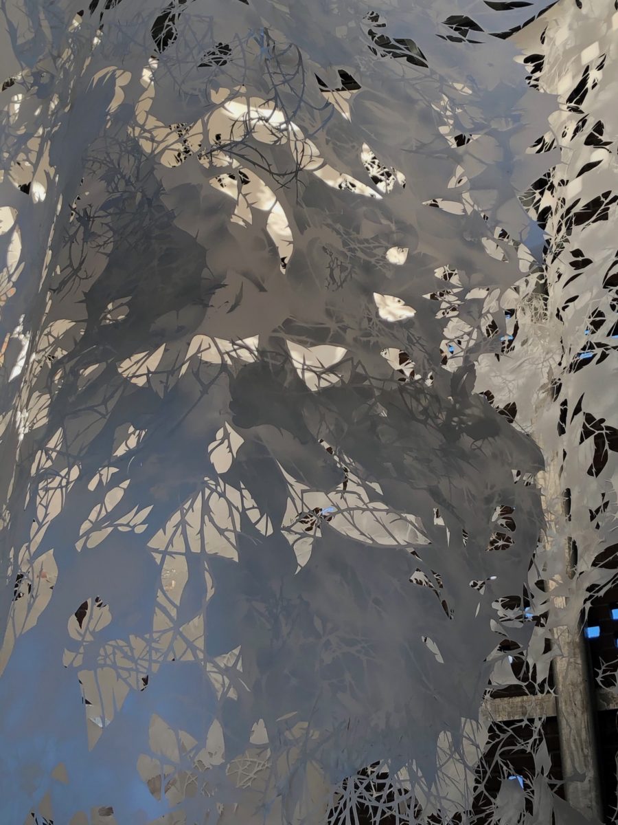 Ever Falling Forest. Steel, hardware, handcut/lasercut mylar, paint. 20 x 8 x 8 feet. 2020. Permanent collection of S*Park Living Community.